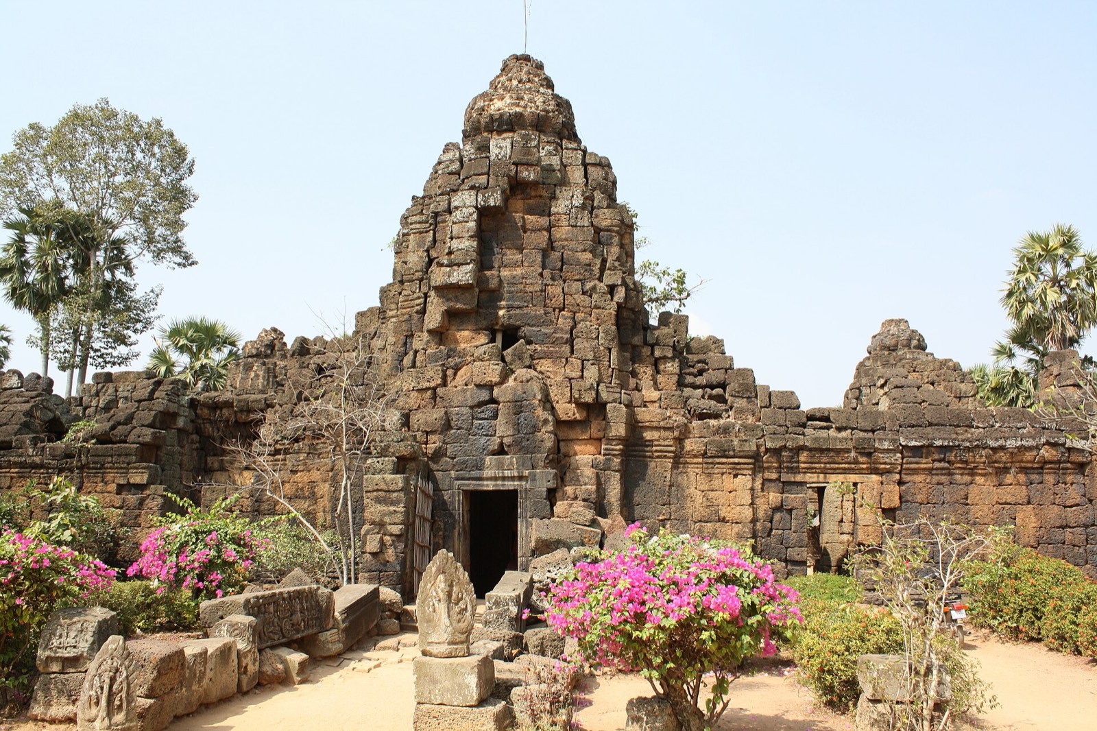 The ancient brick temple of Ta Prohm at Tonlé Bati, Takéo, with bougainvillea